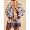 image:imageRoseSeek Womens Boho Floral V Neck Mini Dresses Bishop Sleeve Tie Open Back Tropical DressMulticolor