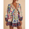 image:imageRoseSeek Womens Boho Floral V Neck Mini Dresses Bishop Sleeve Tie Open Back Tropical DressMulticolor