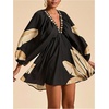 image:imageRoseSeek Womens Boho Floral V Neck Mini Dresses Bishop Sleeve Tie Open Back Tropical DressMulticolor Black