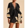 image:imageRoseSeek Womens Boho Floral V Neck Mini Dresses Bishop Sleeve Tie Open Back Tropical DressMulticolor Black