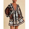 image:imageRoseSeek Womens Boho Floral V Neck Mini Dresses Bishop Sleeve Tie Open Back Tropical DressMulticolor Brown