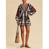 image:imageRoseSeek Womens Boho Floral V Neck Mini Dresses Bishop Sleeve Tie Open Back Tropical DressMulticolor Brown