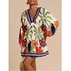 image:imageRoseSeek Womens Boho Floral V Neck Mini Dresses Bishop Sleeve Tie Open Back Tropical DressMulticolor Floral