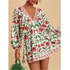 image:imageRoseSeek Womens Boho Floral V Neck Mini Dresses Bishop Sleeve Tie Open Back Tropical DressMulticolor Green