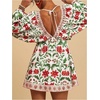 image:imageRoseSeek Womens Boho Floral V Neck Mini Dresses Bishop Sleeve Tie Open Back Tropical DressMulticolor Green