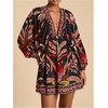 image:imageRoseSeek Womens Boho Floral V Neck Mini Dresses Bishop Sleeve Tie Open Back Tropical DressMulticolor Red
