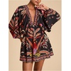 image:imageRoseSeek Womens Boho Floral V Neck Mini Dresses Bishop Sleeve Tie Open Back Tropical DressMulticolor Red