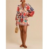 image:imageRoseSeek Womens Boho Floral V Neck Mini Dresses Bishop Sleeve Tie Open Back Tropical DressOrange