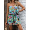 image:imageRoseSeek Womens Boho Wide Leg Short Romper Spaghetti Strap Layered Ruffle Vacation Summer JumpsuitHot Pink