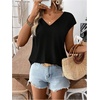 image:imageRoseSeek Womens Bow Shirts Short Cap Sleeve V Neck Asymmetrical Backless Tops Elegant Casual Summer TopsBlack