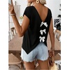 image:imageRoseSeek Womens Bow Shirts Short Cap Sleeve V Neck Asymmetrical Backless Tops Elegant Casual Summer TopsBlack