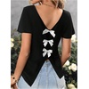 image:imageRoseSeek Womens Bow Shirts Short Cap Sleeve V Neck Asymmetrical Backless Tops Elegant Casual Summer TopsBlack