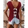 image:imageRoseSeek Womens Bow Shirts Short Cap Sleeve V Neck Asymmetrical Backless Tops Elegant Casual Summer TopsBurgundy