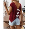 image:imageRoseSeek Womens Bow Shirts Short Cap Sleeve V Neck Asymmetrical Backless Tops Elegant Casual Summer TopsBurgundy