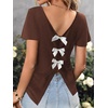 image:imageRoseSeek Womens Bow Shirts Short Cap Sleeve V Neck Asymmetrical Backless Tops Elegant Casual Summer TopsChocolate Brown