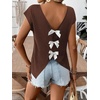 image:imageRoseSeek Womens Bow Shirts Short Cap Sleeve V Neck Asymmetrical Backless Tops Elegant Casual Summer TopsChocolate Brown