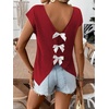 image:imageRoseSeek Womens Bow Shirts Short Cap Sleeve V Neck Asymmetrical Backless Tops Elegant Casual Summer TopsDark Red