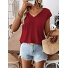 image:imageRoseSeek Womens Bow Shirts Short Cap Sleeve V Neck Asymmetrical Backless Tops Elegant Casual Summer TopsDark Red