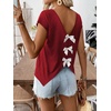 image:imageRoseSeek Womens Bow Shirts Short Cap Sleeve V Neck Asymmetrical Backless Tops Elegant Casual Summer TopsDark Red