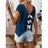 image:imageRoseSeek Womens Bow Shirts Short Cap Sleeve V Neck Asymmetrical Backless Tops Elegant Casual Summer TopsDeep Blue