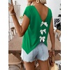 image:imageRoseSeek Womens Bow Shirts Short Cap Sleeve V Neck Asymmetrical Backless Tops Elegant Casual Summer TopsDeep Green