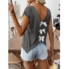 image:imageRoseSeek Womens Bow Shirts Short Cap Sleeve V Neck Asymmetrical Backless Tops Elegant Casual Summer TopsGrey