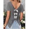 image:imageRoseSeek Womens Bow Shirts Short Cap Sleeve V Neck Asymmetrical Backless Tops Elegant Casual Summer TopsLight Grey