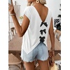 image:imageRoseSeek Womens Bow Shirts Short Cap Sleeve V Neck Asymmetrical Backless Tops Elegant Casual Summer TopsWhite and Black