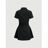image:imageRoseSeek Womens Casual Button Down Tshirt Dress Short Sleeve Fit and Flare Mini DressesBlack