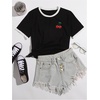 image:imageRoseSeek Womens Cherry Embroidery Print Shirt Contrast Color Neck Tee Short Sleeve Graphic Casual T Shirt Summer Tee TopsBlack White