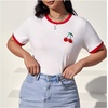 image:imageRoseSeek Womens Cherry Embroidery Print Shirt Contrast Color Neck Tee Short Sleeve Graphic Casual T Shirt Summer Tee TopsWhite With Red