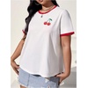 image:imageRoseSeek Womens Cherry Embroidery Print Shirt Contrast Color Neck Tee Short Sleeve Graphic Casual T Shirt Summer Tee TopsWhite With Red
