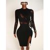 image:imageRoseSeek Womens Contrast Lace Bodycon Dress Long Sleeve High Slit Party Date Night Short DressesBlack