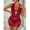 image:imageRoseSeek Womens Draped Halter Sheer Mesh Beach Dresses Backless Sleeveless Mini Swimsuit Cover Up BeachwearBurgundy