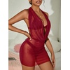image:imageRoseSeek Womens Draped Halter Sheer Mesh Beach Dresses Backless Sleeveless Mini Swimsuit Cover Up BeachwearBurgundy