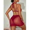 image:imageRoseSeek Womens Draped Halter Sheer Mesh Beach Dresses Backless Sleeveless Mini Swimsuit Cover Up BeachwearBurgundy