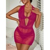 image:imageRoseSeek Womens Draped Halter Sheer Mesh Beach Dresses Backless Sleeveless Mini Swimsuit Cover Up BeachwearRed Violet