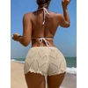 image:imageRoseSeek Womens Drawstring Waist Crochet Cover Up Shorts Tie Front Hollow Out BottomLight Khaki