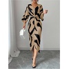 image:imageRoseSeek Womens Elegant Graphic Twist Front Dress 34 Ruffle Sleeve Silky Maxi Dress Bodycon Cocktail Dresses with SlitKhaki