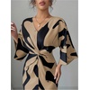 image:imageRoseSeek Womens Elegant Graphic Twist Front Dress 34 Ruffle Sleeve Silky Maxi Dress Bodycon Cocktail Dresses with SlitKhaki