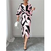 image:imageRoseSeek Womens Elegant Graphic Twist Front Dress 34 Ruffle Sleeve Silky Maxi Dress Bodycon Cocktail Dresses with SlitPink