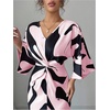 image:imageRoseSeek Womens Elegant Graphic Twist Front Dress 34 Ruffle Sleeve Silky Maxi Dress Bodycon Cocktail Dresses with SlitPink