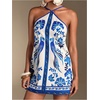 image:imageRoseSeek Womens Floral Boho Dress Criss Cross Tie Backless Mini Dresses Halter A Line SundressBlue and White