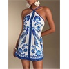 image:imageRoseSeek Womens Floral Boho Dress Criss Cross Tie Backless Mini Dresses Halter A Line SundressBlue and White