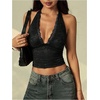 image:imageRoseSeek Womens Floral Lace Deep V Neck Halter Tops Y2K Backless Summer Going Out Crop Tank TopBlack