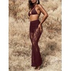 image:imageRoseSeek Womens Floral Lace Sheer Mesh Flare Pants Elastic High Waisted Long TrousersRedwood