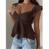 image:imageRoseSeek Womens Flowy Going Out Tank Top Sweetheart Neck Cap Sleeve Summer Ruffle Elegant Crop TopsBrown