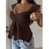 image:imageRoseSeek Womens Flowy Going Out Tank Top Sweetheart Neck Cap Sleeve Summer Ruffle Elegant Crop TopsBrown