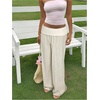 image:imageRoseSeek Womens Fold Over Low Rise Linen Pants Wide Leg Casual Lounge Pants Vacation TrousersApricot