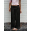 image:imageRoseSeek Womens Fold Over Low Rise Linen Pants Wide Leg Casual Lounge Pants Vacation TrousersBlack